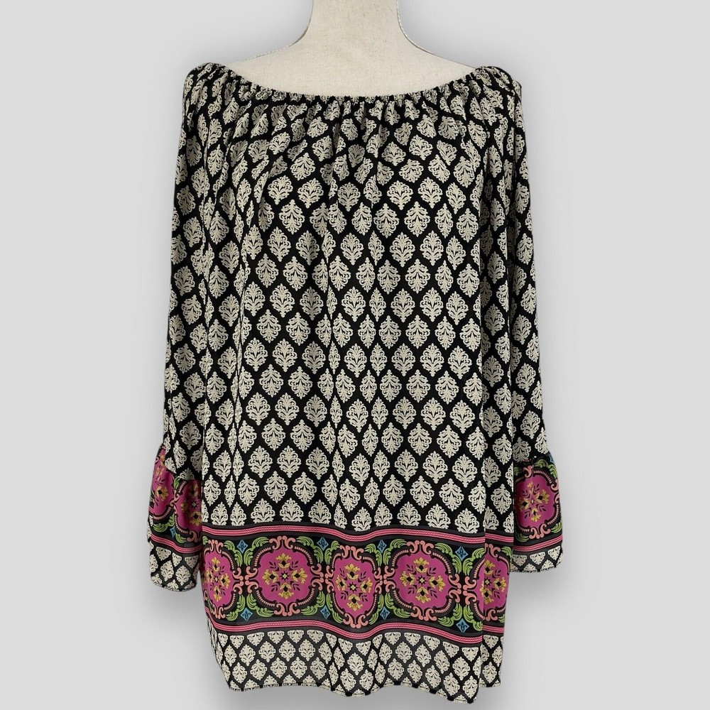 Yahada Blouse Womens Tunic Top Long Bell Sleeve Off Shoulder Multicolor Bohemian
